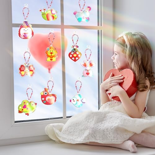 Dunzoom 30 Pack Valentine's Day Suncatcher Craft Kits for Classroom Exchange - DIY Pink Heart Paint Art Set - Bulk Valentines Party Favors Gifts, Non-Candy Activity, Window Ornaments Decor