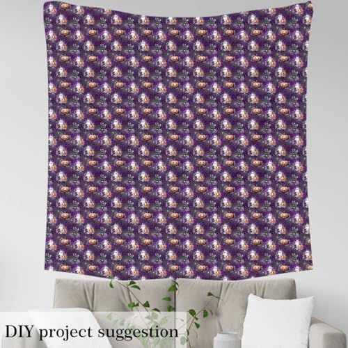 Halloween Fabric by The Yard Cartoon Ghost Pumpkin No Stretch Fabric for Sewing Supplies Cute Cat Purple Flowers Spider Web Soft Polyester for Home DIY Projects 5 Yards Whole Piece,180" Lx59 W