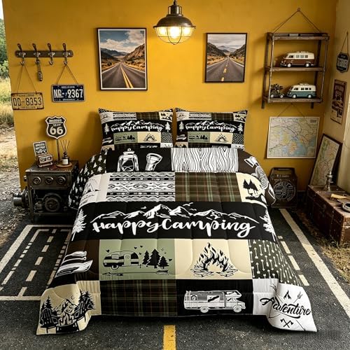 Castle Fairy Camper Adventure Comforter Set King Size,Happy Camping Plaid Travel Trailers Decor Bedding Set All Season Quilt Set,Retro Tribal Aztec Exotic Microfiber Polyester Down Comforter