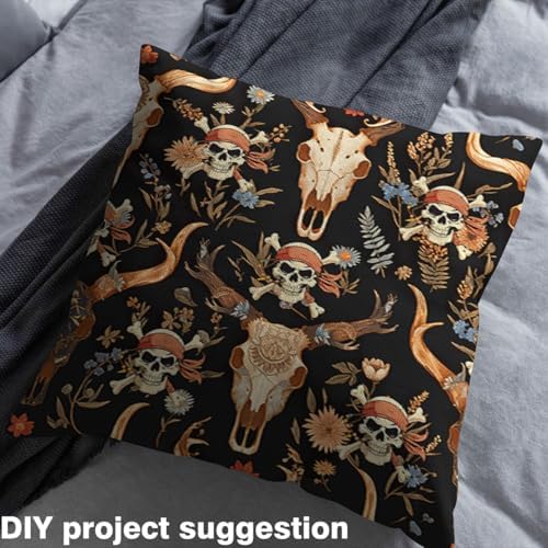 Feelyou Sugar Skull Upholstery Fabric for Chairs Cow Skull Fabric By The Yard for Kids Boys Girls Teens Room Decor Pirate Decorative Soft Flannel 3 Yards Flroal Leaf