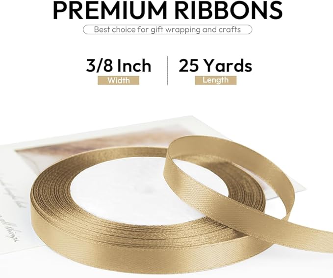 3/8 Inch 25 Yards Satin Ribbon Champagne Gold, Solid Color Fabric Ribbon - Image 2