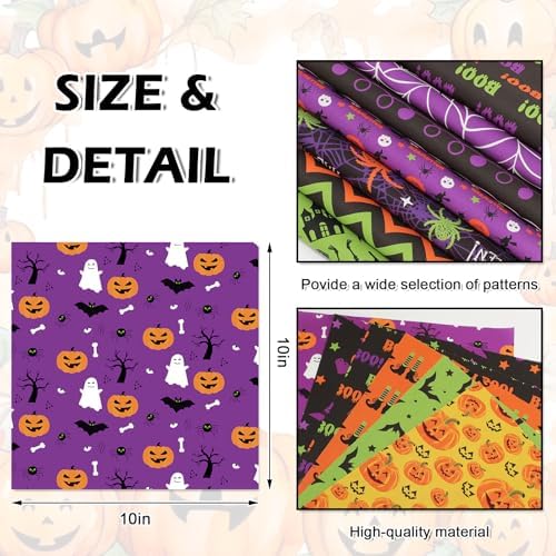JarThenaAMCS 60Pcs Halloween Cotton Fabric Bundles 10 x 10 Inch Pumpkin Bat Ghost Black Cat Spider Web Precut Quilting Cotton Fabric Patchwork Squares for DIY Craft Sewing Party Decor