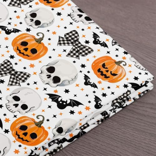 Halloween Pumpkin Fabric by The Yard Cartoon Human Skull Bat No Stretch Fabric for Sewing Supplies Gingham Bow Stars Decor Soft Polyester for Home DIY Projects 10 Yards Whole Piece,360" Lx59 W