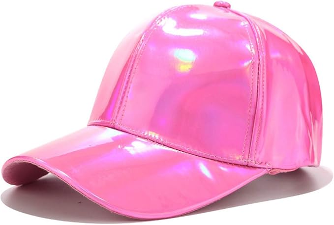 Women Men Faux Leather Baseball Cap Glitter Metallic Holographic Rainbow Reflective Hip Hop Adjustable Strapback Peaked Hat Silver