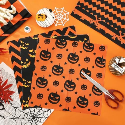 Whaline 12Pcs Halloween Cotton Fabric Bundles 10 x 10 Inch Spider Pumpkin Bat Plaid Stripe Dot Fabric Squares Orange Black Squares Sewing Fabrics for DIY Craft Party Decor