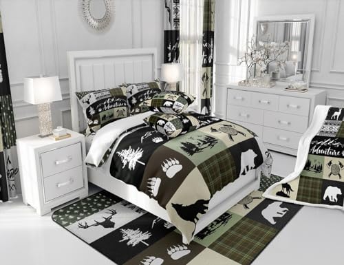 Castle Fairy Rustic Farmhouse Comforter Set Queen Size,Bear Deer Wolf Wild Animals Patchwork Bedding Set for Women Adult,Cabin Decor Exotic Aztec Boho Luxury Bed Duvet Insert, 2 Pillowcases