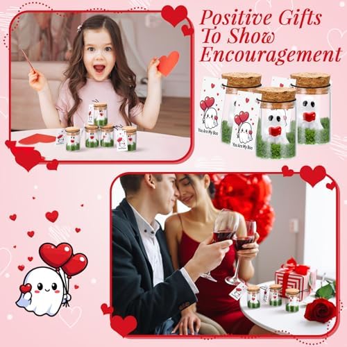 Skylety 30 Sets Valentines Day Ghost in a Mason Jar with Moss and Card Cute Red Heart Valentine Figurine Bulk Adopt a Ghost Figurine for Valentines Decorations DIY Party Gifts