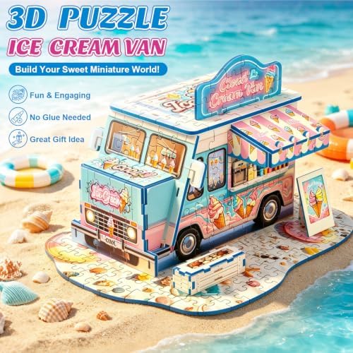 3D Puzzle for Adults, Ice Cream Van Miniature Model Kit with 277 Pieces, DIY Building Craft Kit, Colorful Summer Beach Decoration Display, Home Decor Gift for Teens Family & Friends