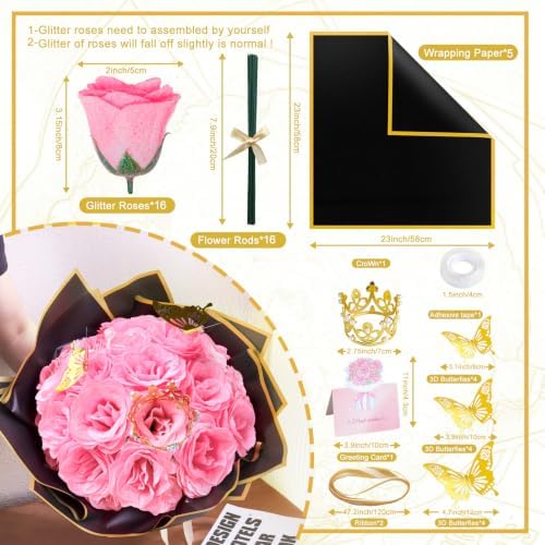 Light Pink Glitter Flowers Bouquet, Fake Roses Bouquet 16 Pcs DIY Glitter Rose Bouquet Kits Birthday Gifts for Women Mom Mother's Day Anniversary Graduation