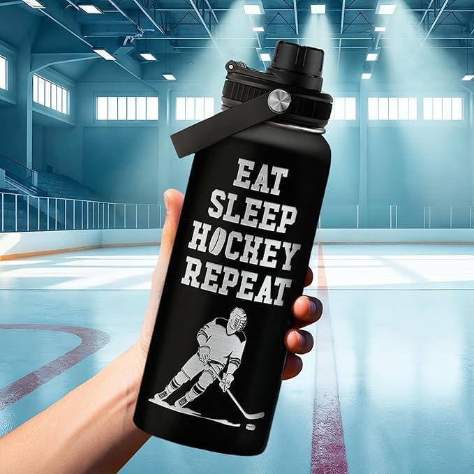 Ice Hockey Insulated Engraved Stainless Steel Water Bottle 32oz, Vacuum Chug Lid Travel Tumbler For Men Friends Hockey Lovers Fans Coaches,Birthday Christmas