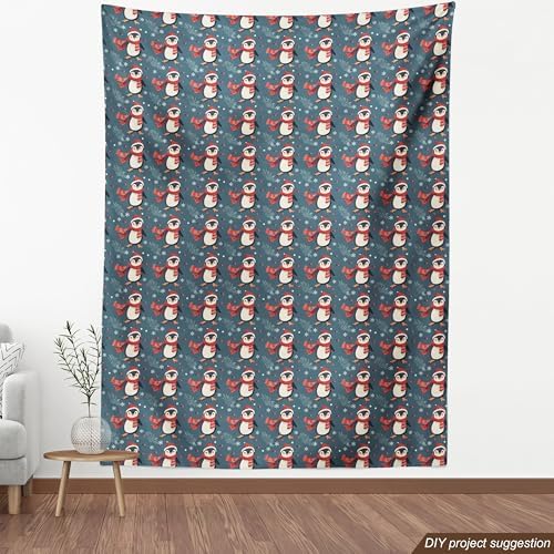 Lunarable Christmas Fabric by The Yard, Xmas Time with Happy Penguins with Hats Scarves Pine Leaves and Snowflakes, Decorative Fabric for Upholstery and Home Accents, 1 Yard, Grey Teal Beige