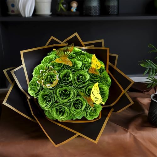 Green Glitter Flowers Bouquet, Fake Roses Bouquet 24 Pcs DIY Glitter Rose Bouquet Kits Birthday Gifts for Women Mom Mother's Day Anniversary Graduation