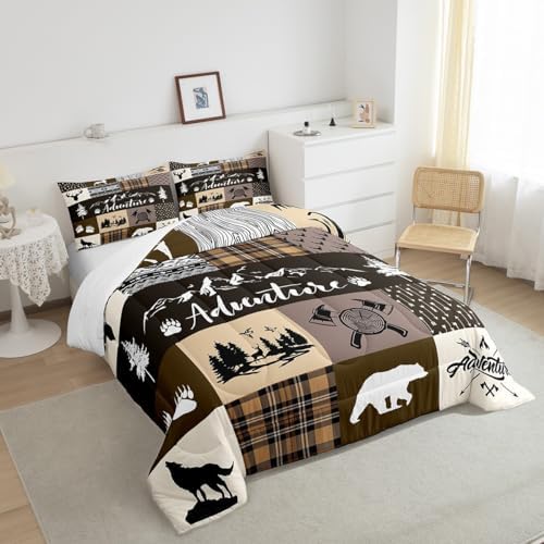 Castle Fairy Hunting Adventure Comforter Set Queen Size,Deer Bear Wolf Rustic Farmhouse Bedding Set for Women Adult,Exotic Aztec Boho Tribal Brown Check Luxury Bed Duvet Insert, 2 Pillowcases