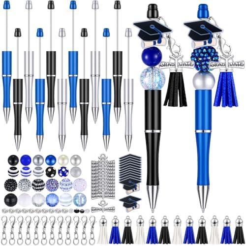 Jutom 12 Pcs Graduation Beadable Pens with 50 Pcs Focal Beads 12 Tassels 12 Cap Pendants DIY Making Kit for Office Gift