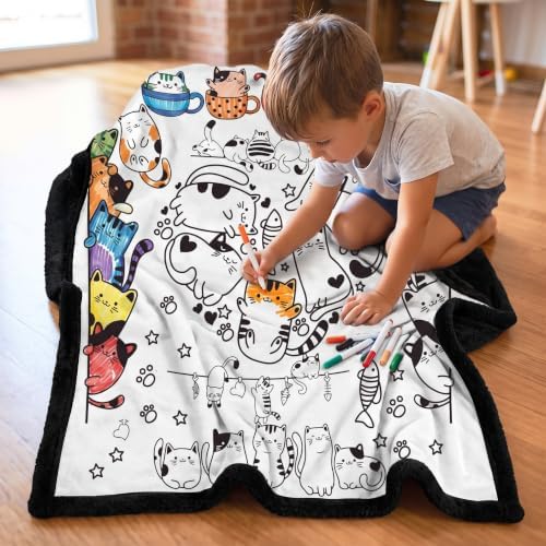 DIY Coloring Blanket for Kids, Cute Cat Doodle Fleece Throw Blanket with 24 Color Pens, Color Your Art Craft Kit, Plush Velvet Backing Gift for Girls Boys (Cats)