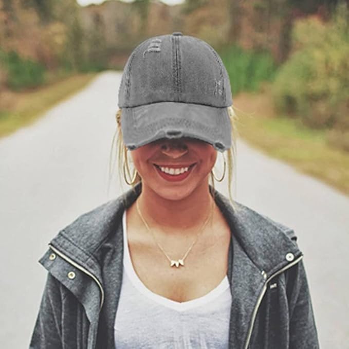 Criss Cross Ponytail Hat Women Washed Distressed Baseball Caps Adjustable High Messy Bun Ponycap