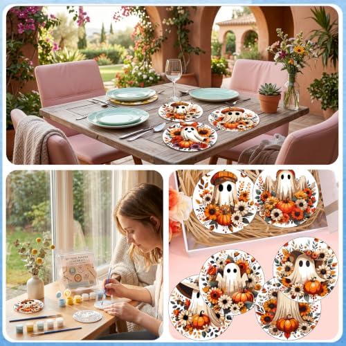 8 Pack Halloween Paint by Numbers Kits Coasters with Holder Cork Pads