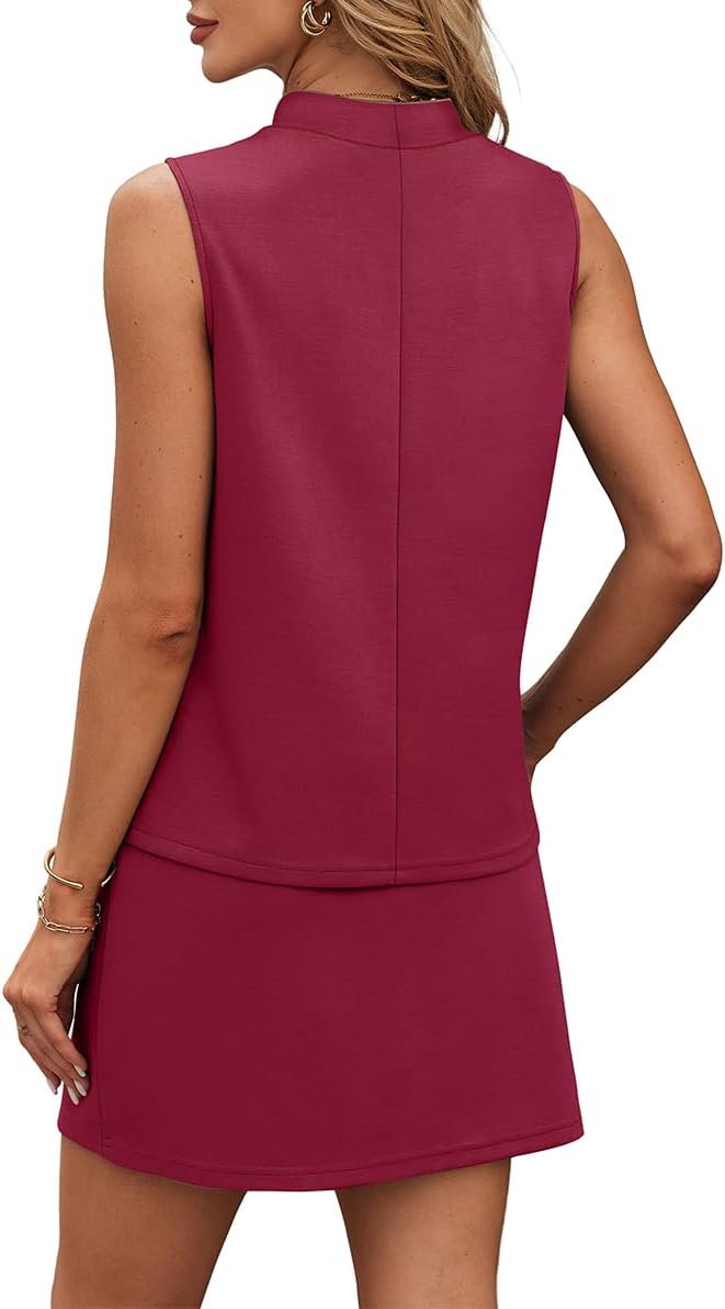 XIEERDUO Two Piece Skirt Sets for Women Summer Beach Vacation Resort Cruise Outfits Mock Neck Tops Tennis Skirt Sets