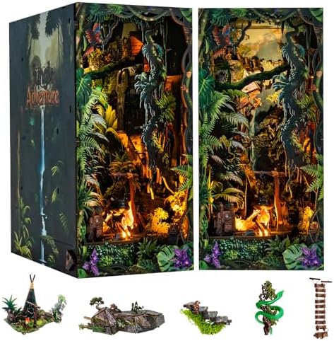 fifijoy Jungle Adventure Book Nook Kit - DIY Miniature Dollhouse Booknook for Adults, 3D Wooden Puzzle Bookend Bookshelf Decor with LED Light and Sound Effects, Creative Gift for Family, Friends