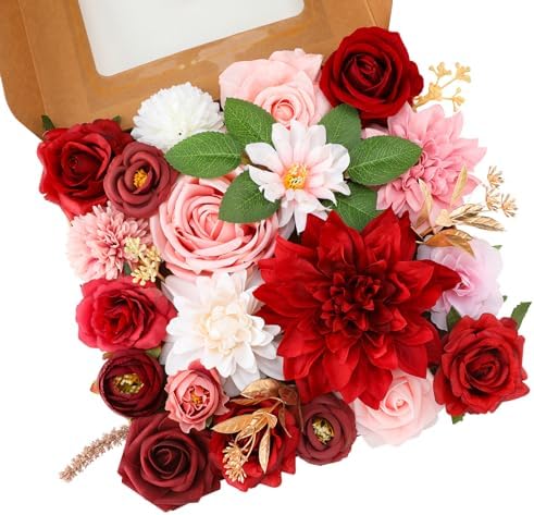 Floweroyal Artificial Flowers Combo Red Flowers Mix Silk Flowers Dahlia Roses with Stems for DIY Wedding Bridal Bouquets, Baby Shower, Floral Arrangement, Table Centerpieces, Home Decorations.