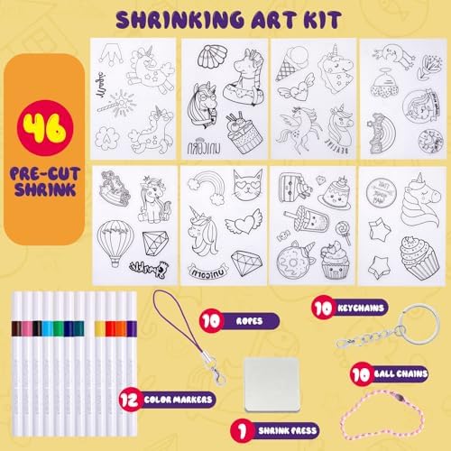 Yrinfay 89PC DIY Unicorn Shrinking Plastic Art Kit - 46 Pre-Cut Shapes, 12 Markers & Accessories - Make Charms, Keychains & Tags - No-Mess Craft for Kids - Birthday Gift with Shrinking Plastic Sheets