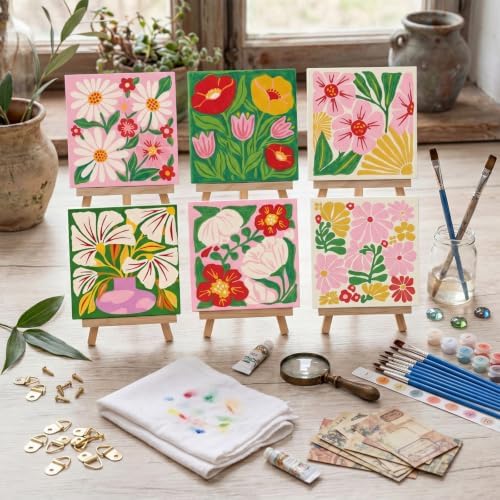 YooNotee 6 Pack Flowers Paint by Numbers Kit on Canvas with Wooden Easels & Brushes, 8x8 Inch Canvas Art Set for Adults DIY Flowers Acrylic Painting for Home Wall Decor