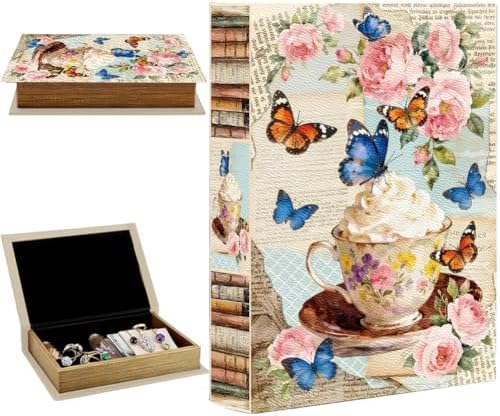 Faux Book Storage Box Floral 9.1 x 5.9 x 2 Inch Vintage Faux Book Boxes Butterfly Flower Teacup Decorative Storage Organizers for Jewelry Trinket Wedding Keepsake Photos Bookshelf Decor