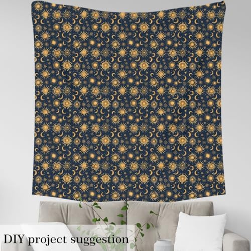 Sun Moon Fabric by The Yard,Starry Galaxy Moon Sky Soft Polyester No Stretch Fabric,Boho Exotic Decorative Fabrics,Navy Gold Crafts & Sewing Supplies DIY Fabrics,1 Yard,36" Lx59 W
