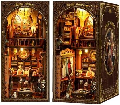 Book Nook Corner mini House Set, DIY Royal Tailor's mini Light and Shadow Book Stand Set, and 3D Wooden Puzzle Bookshelf with LED Lights for Plug-in Decoration, Suitable for Teenager.