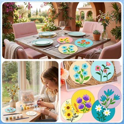 8 Pack Floral Paint by Numbers Kits Coasters with Holder Cork Pads
