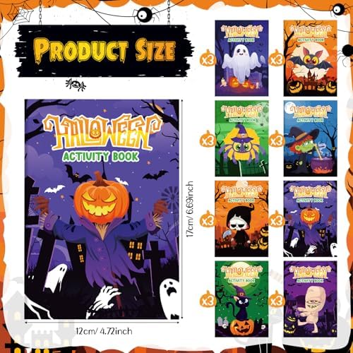 Kosiz 24 Pcs Halloween Activity Books for Kids, Mini Coloring Game Set