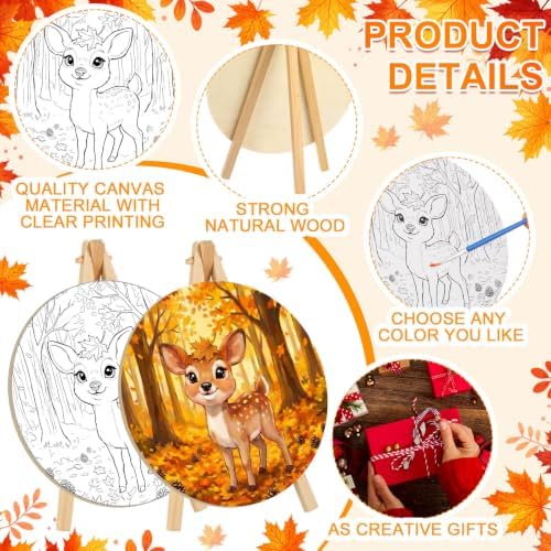 Supervitae 72 Piece Fall Round Pre Drawn Canvas Kit 5.9" Paint and Sip Kit for Adults Painting Party Pre Printed Canvas DIY with Pictures Paints Easels Brushes for Autumn Party Gifts