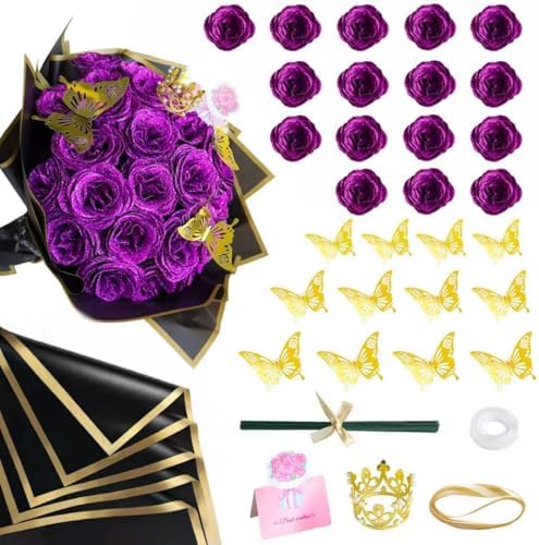 CCYXSHOW Purple Glitter Roses Bouquet, Fake Flowers Bouquet 16 Pcs DIY Glitter Rose Bouquet Kits Birthday Gifts for Women Mom Mother's Day Anniversary Graduation