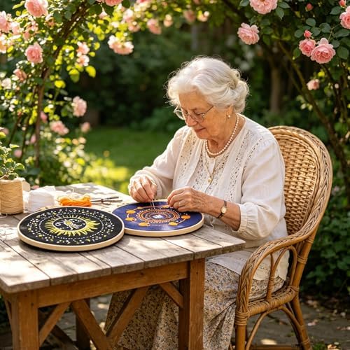Qupace 3 Pcs Halloween Black Celestial Embroidery Kit, Star Moon Hand Embroidery Set with Bamboo Hoop, DIY Boho Cosmic Craft Supplies for Wall Decor Gift