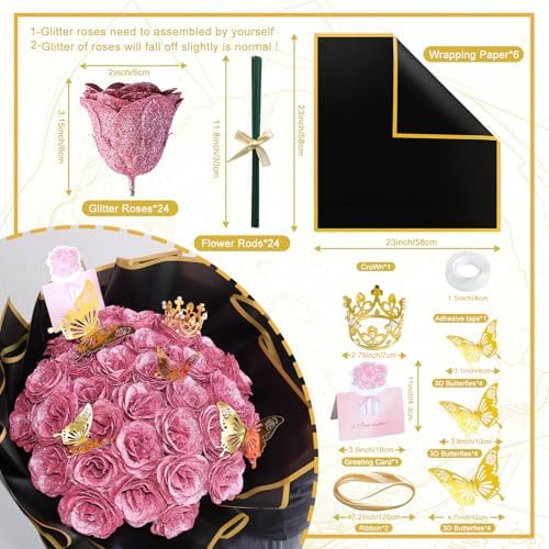 CCYXSHOW Artificial Glitter Roses Bouquet Pink - 24 Pack Fake Rose Bouquet Shiny DIY Flowers Bouquets with Stems Eternal Floral for Graduation Elegance Wedding Bouquet Anniversary Birthday Gifts