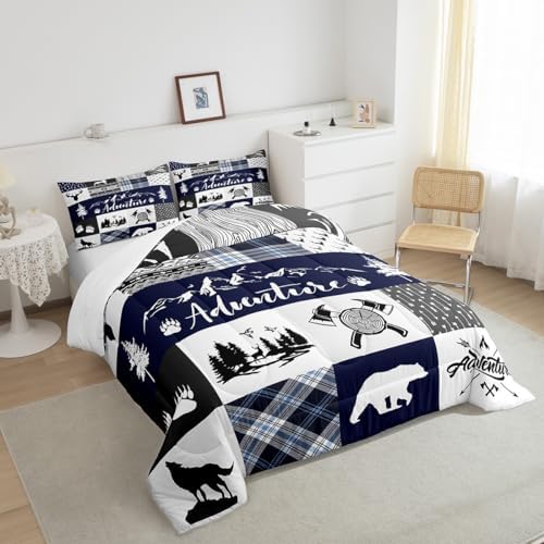 Castle Fairy Deer Bear Comforter Set Twin Size,Rustic Farmhouse Wildlife Patchwork Blue Bedding Set for Kids Boys Men,Camping Cabin Decor Boho Aztec Tribal Quilted Duvet Set with 1 Pillowcase