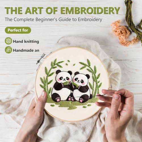 Santune Beginners Embroidery Kit for Adult Needlepoint Cross Stitch Kits Needle Point Sets with Panda Embroidery Patterns, Includes Step-By-Step Instructions and Accessories