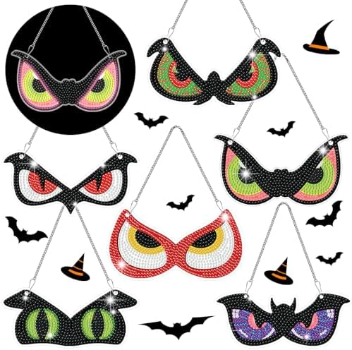 Chiisong 6 Pcs Halloween Diamond Art Hanging Signs Flashing Eyes Glow Eyes