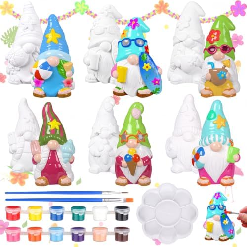 CroBlissful 6 Sets Ceramic Gnome Painting Kit Summer Unpainted Figurines