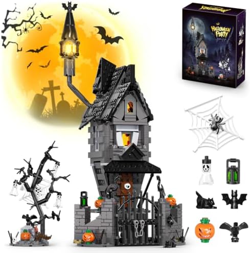 2026 Halloween Haunted Mansion Building Set,Before Xmas Haunted House Building Blocks Set with Light, Glow-in-The-Dark Pumpkins and Skeleton Ghosts, Halloween Toys Gifts for Adults & Kids