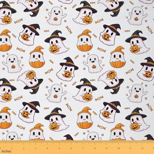 Feelyou Happy Halloween Soft Flannel Fabric by The Yard Kids 5 Yards White Cute Ghost Upholstery Fabric for Boys Pumpkin Candy Spooky Trick or Treat for Home DIY Projects, Indoor Decor