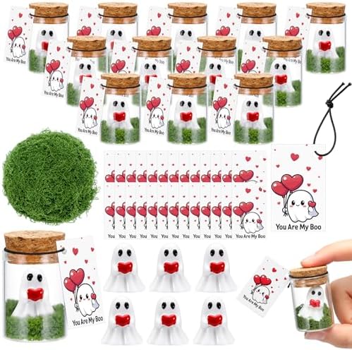 Skylety 30 Sets Valentines Day Ghost in a Mason Jar with Moss and Card Cute Red Heart Valentine Figurine Bulk Adopt a Ghost Figurine for Valentines Decorations DIY Party Gifts