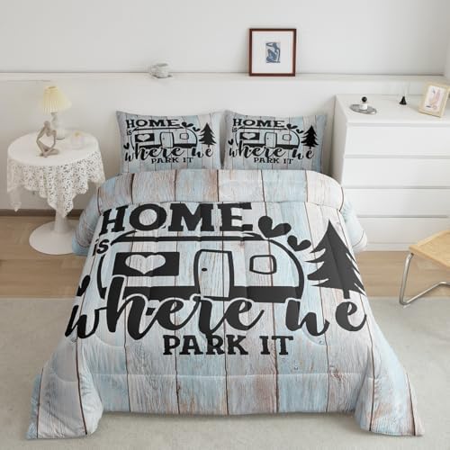Farmhouse Rustic Camping Comforter Sets Full Size,Funny Home Where We Park It Bedding Comforters for Girls Teens,Explore Camper Gifts RV Life Down Alternative with 2 Pillowcases, Ultra Soft
