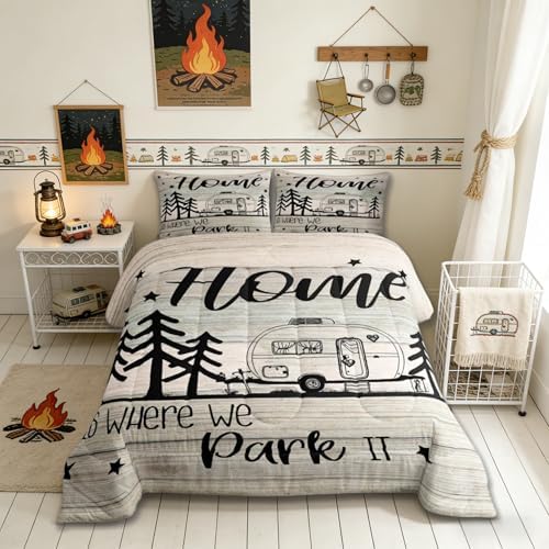 RV Happy Camping Bedding Comforters Queen Size,Home is Where We Park It Comforter Set Adult Women Room Decor, Farmhouse Camping Lovers Soft Duvet Set with 2 Pillowcases,3Pcs
