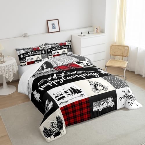 Castle Fairy Camping Camper Comforter Set Queen Size,RV Inside Decor Rustic Patchwork Bedding Set for Women Adult,Farmhouse Lodge Hunting Red Checkered Luxury Bed Duvet Insert, 2 Pillowcases