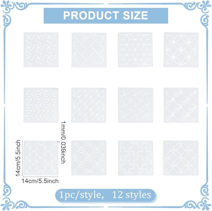 FREEBLOSS 12Pcs Sashiko Stencils Sashiko Embroidery PET Template Drawing Line - Image 3