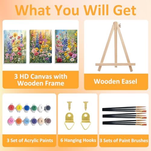 Mandun Wild Flowers Paint by Numbers Kit for Adults, 3 Pack, 7.8x11.8 inch