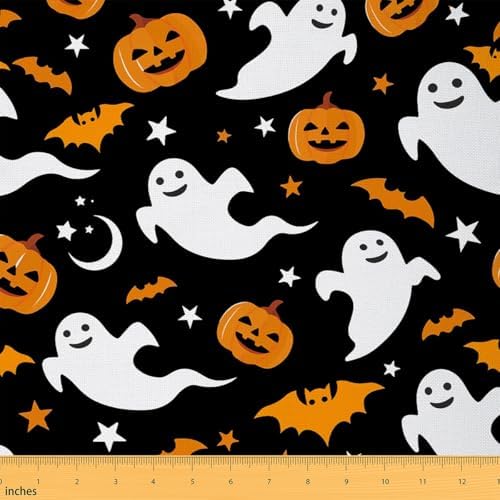 Feelyou Ghost Print Fabric By The Yard, Pumpkin Lantern Upholstery Fabric for Chairs,Bat Halloween Theme Decorative Soft Flannel, 10 Yards, Black