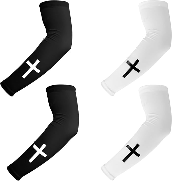 BOXOB 2 Pairs Faith Cross Arm Sleeves, Polyester Religious Compression Cooling Arm Sleeves for Men Women Football Basketball Baseball Running Cycling Outdoor Activities Sleeve (Black, White)