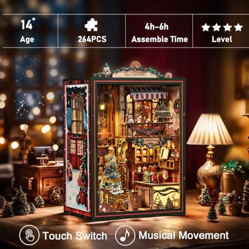 Book Nook LED Music Christmas Book Nook Kit - NEXTIPS 3D Wooden DIY Miniature Store for Shelf Decor